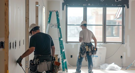 Construction workers installing drywall in a partially finished room