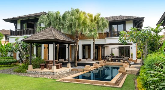 Exterior design of house, home and pool villa feature swimming pool, terrace, landscape garden and sun bed