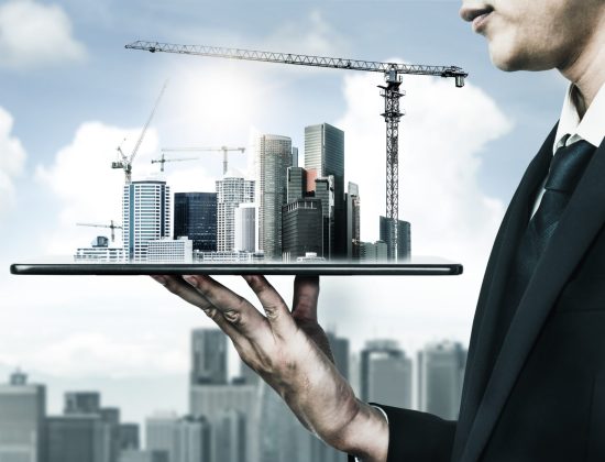 Innovative architecture and civil engineering building construction project. Creative graphic design showing concept of infrastructure city building by professional architect, worker and engineer.