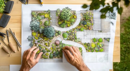 A landscape architect is designing the garden layout for a new house. --ar 16:9 --v 6.1 Job ID: 7c23a413-fa1c-4f1f-8e13-e9923f4afcac