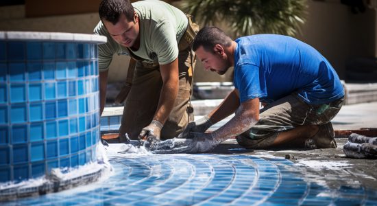 Two men working on installing blue tiles in a swimming pool, focusing on cladding and luxurious textures. Light bronze and azure, vibrant mosaic, contrast of textures